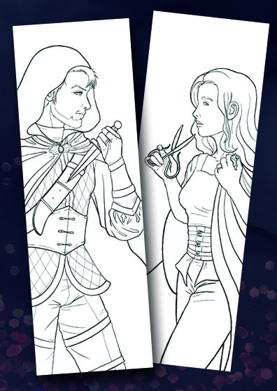 Line art bookmark of Thea and Gil from the Assassin's Bride for coloring