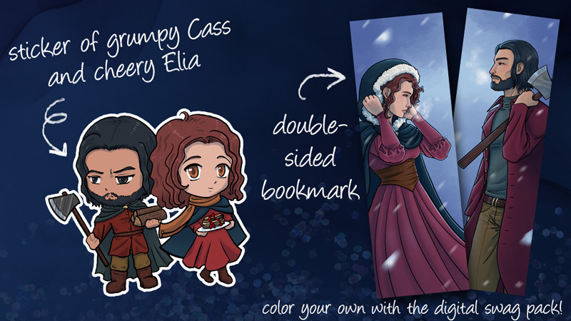 A picture depicting a chibi style sticker of Cass and Elia, next to an image of both sides of the double sided bookmark. One side shows Elia. The other side shows Cass.